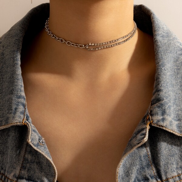 Rhinestone Decor Necklace, Silver