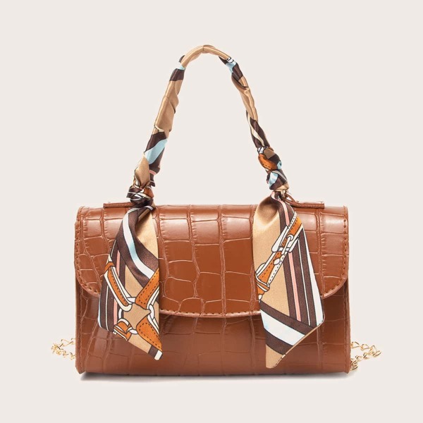 

Twilly Scarf Croc Embossed Satchel Bag, Brown