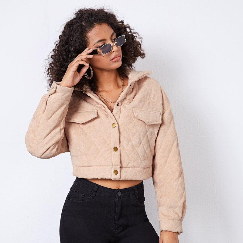 

Fake Pocket Quilted Jacket, Apricot