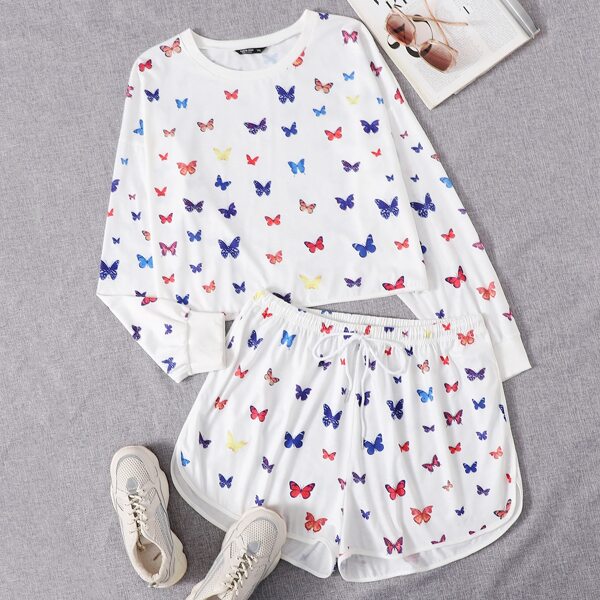 

Plus Allover Butterfly Print Sweatshirt & Drawstring Track Shorts, White