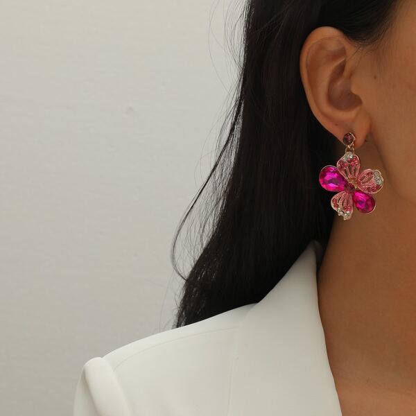 

Rhinestone Decor Flower Charm Drop Earrings, Pink