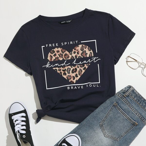 

Leopard And Slogan Graphic Tee, Navy blue