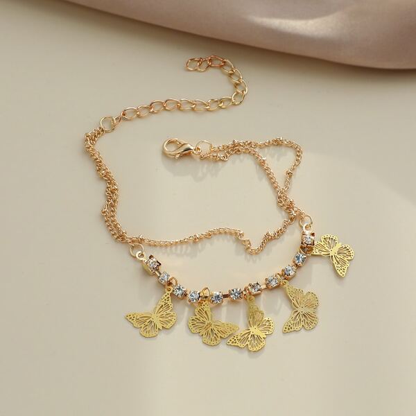 

Rhinestone Decor Butterfly Charm Bracelet, Gold