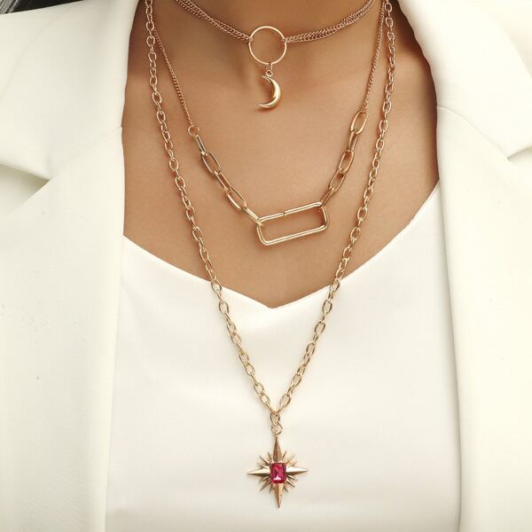 

3pcs Star & Moon Pendant Necklace, Gold