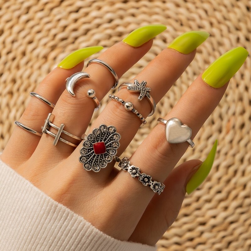 

10pcs Rhinestone Floral & Heart Ring, Silver