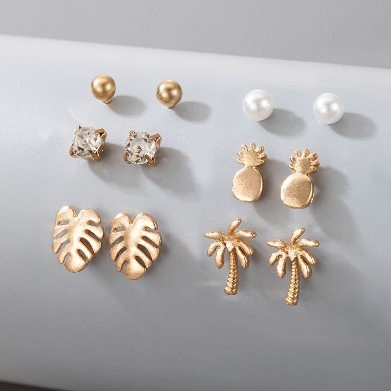 

6pairs Tropical Plants Stud Earrings, Gold