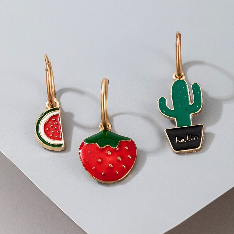 

3pcs Fruit & Cactus Drop Earrings, Gold