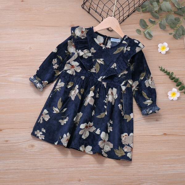 

Toddler Girls Allover Floral Ruffle Trim Corduroy Dress, Navy blue