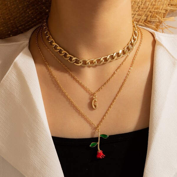 

Flower & Letter Charm Layered Necklace, Gold
