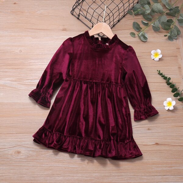 

Toddler Girls Velvet Frill Neck Ruffle Hem Babydoll Dress, Maroon