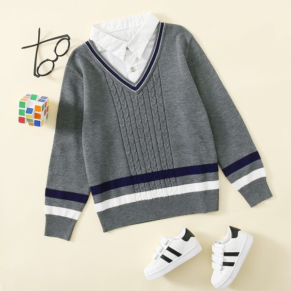 

Boys Striped Contrast Collar 2 In 1 Sweater, Grey