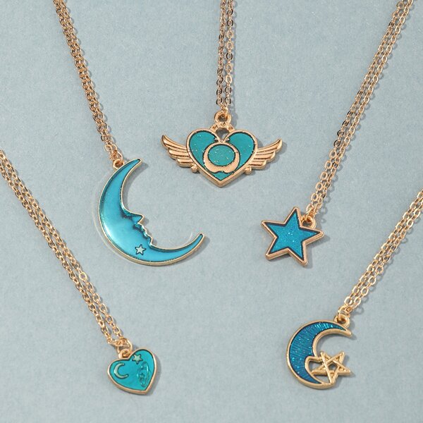 

5pcs Toddler Girls Moon & Star Charm Necklace, Blue