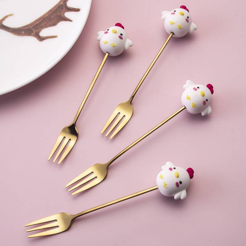 

4pcs Cartoon Chicken Fork, Gold
