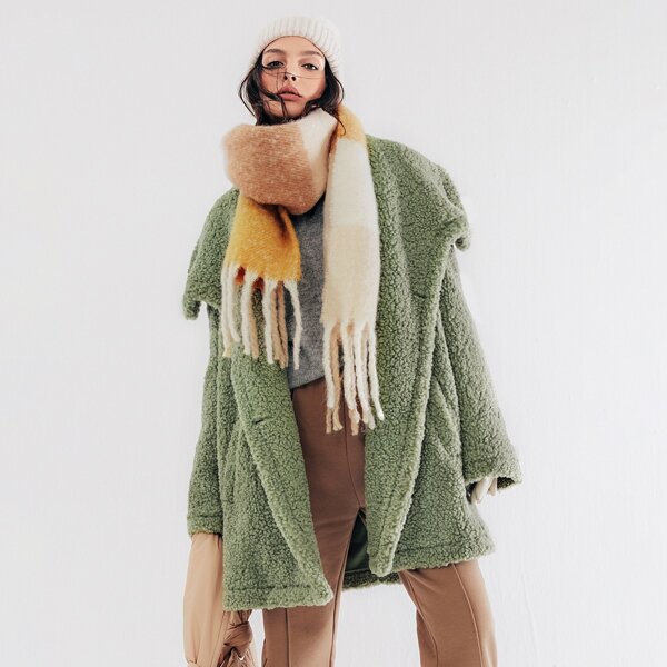 

Waterfall Collar Solid Teddy Coat, Mint green