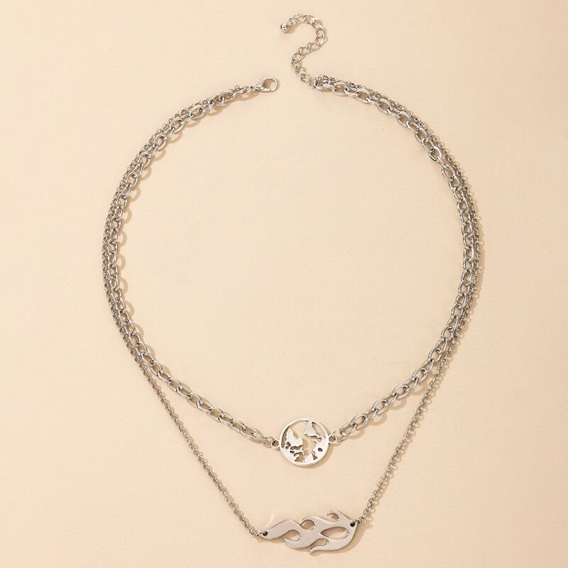 

Flame & Ring Layered Necklace, Silver