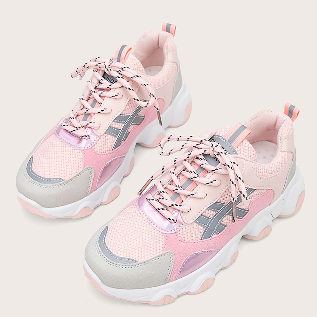 

Colorblock Lace-up Mesh Chunky Sneakers, Baby pink