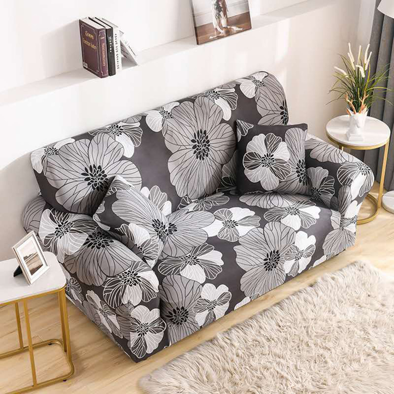 

Flower Print Sofa Cover & 1pc Cushion Cover Without Filler, Grey
