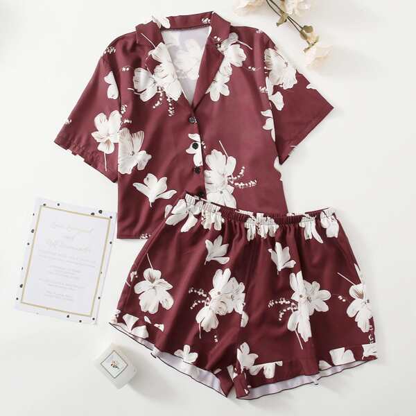 

Plus Floral Print Button Front Lapel Collar PJ Set, Maroon