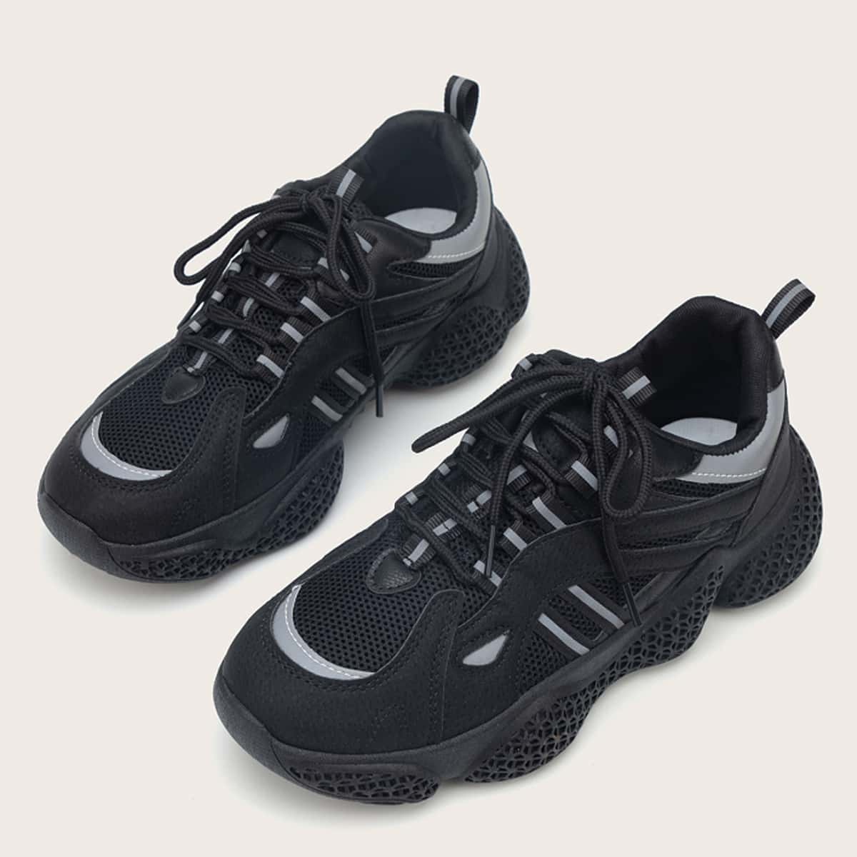 

Lace-up Mesh Chunky Sneakers, Black