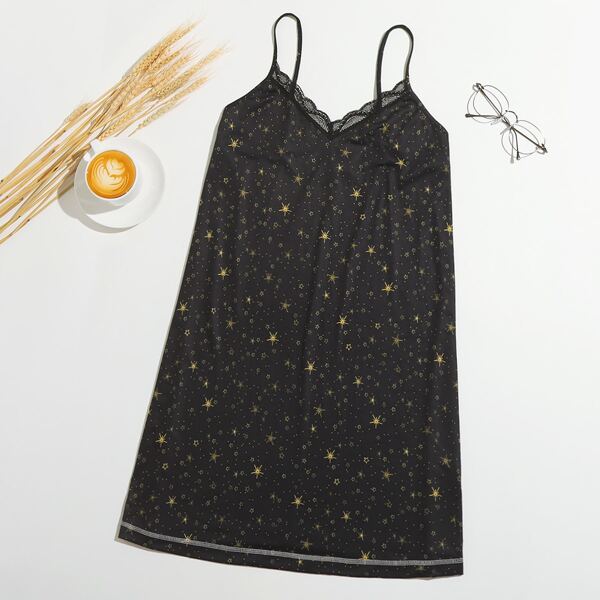 

Plus Galaxy Print Contrast Lace Trim Cami Night Dress, Black