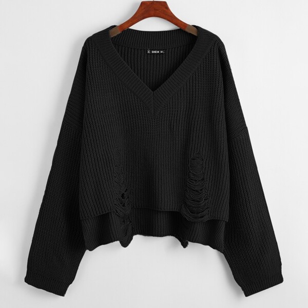 

Plus Ripped High Low Hem Sweater, Black