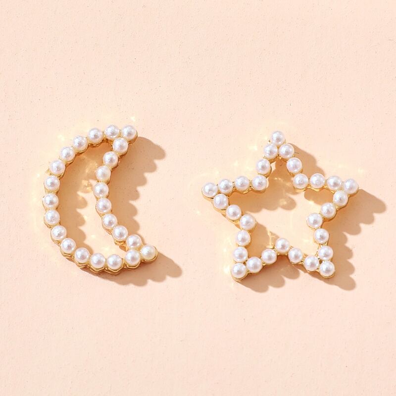 

Faux Pearl Star & Moon Stud Earrings, Gold