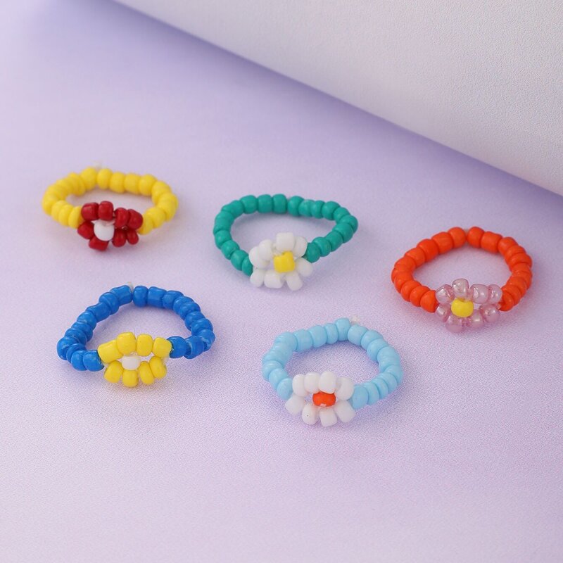 

5pcs Floral Beaded Ring, Multicolor