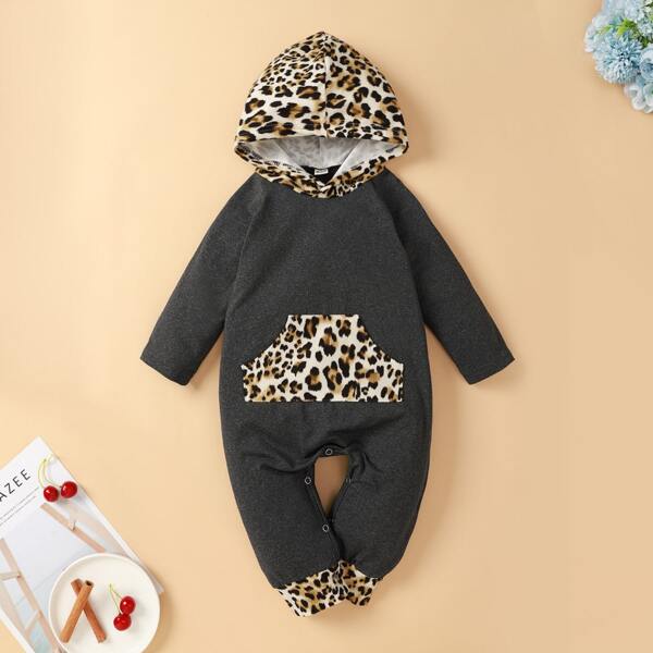 

Baby Boy Leopard Print Kangaroo Pocket Hooded Jumpsuit, Dark grey