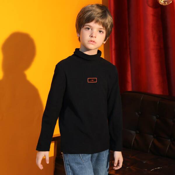 

Boys Stand Collar Graphic Print Tee, Black