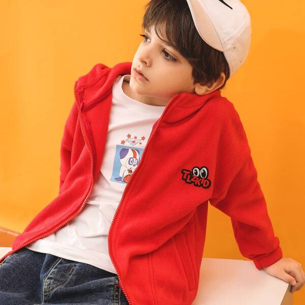 

Boys Letter Embroidery Fleece Hooded Jacket, Red