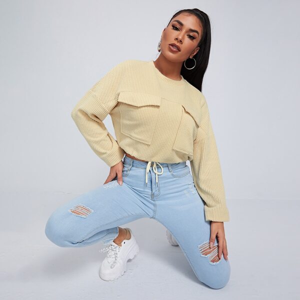 

Drop Shoulder Patch Pocket Waffle Knit Sweatshirt, Apricot