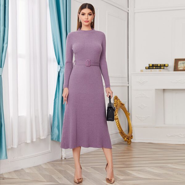 

Ribbed Knit Buckle Belted Sweater Dress, Lilac purple