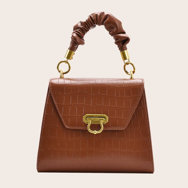

Croc Embossed Flap Satchel Bag, Brown