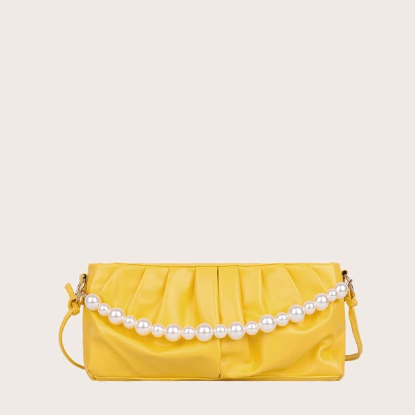 

Faux Pearl Beaded Ruched Bag, Yellow