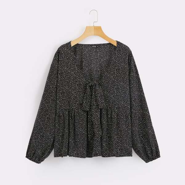 

Plus Confetti Print Tie Front Peplum Blouse, Black