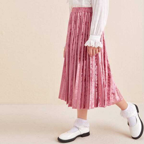 

Girls Elastic Waist Pleated Velvet Skirt, Pink bright