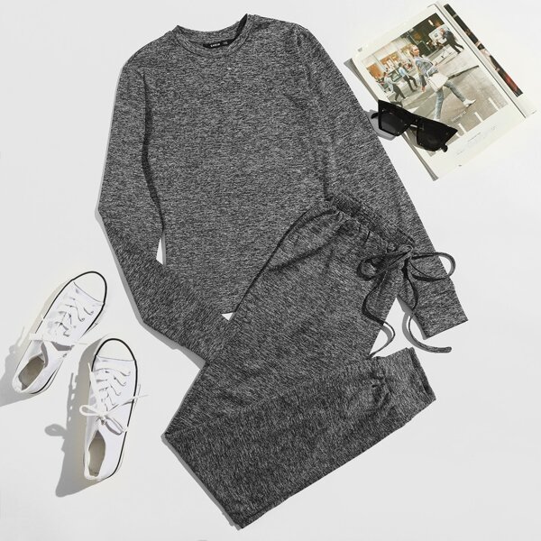

Plus Marled Top & Knot Waist Pants Set, Dark grey