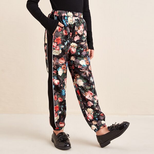 

Girls Striped Side Floral Print Pants, Multicolor