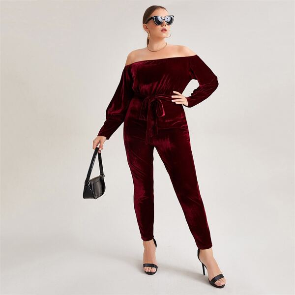 

Plus Off Shoulder Belted Velvet Jumpsuit, Maroon