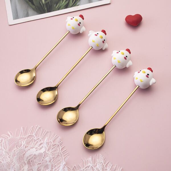 

4pcs Cartoon Chicken Spoon, Gold