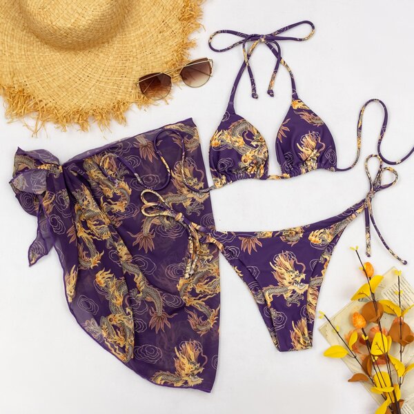 

3pack Chinese Dragon Triangle Bikini Swimsuit & Beach Skirt, Purple