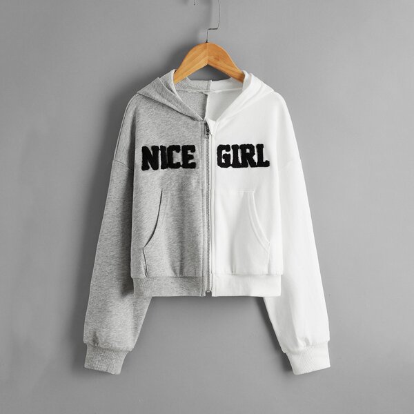 

Girls Letter Embroidered Colorblock Hooded Sweatshirt, Multicolor
