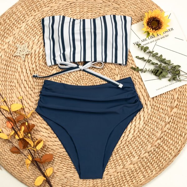 

Striped High Waisted Bikini Swimsuit, Blue and white