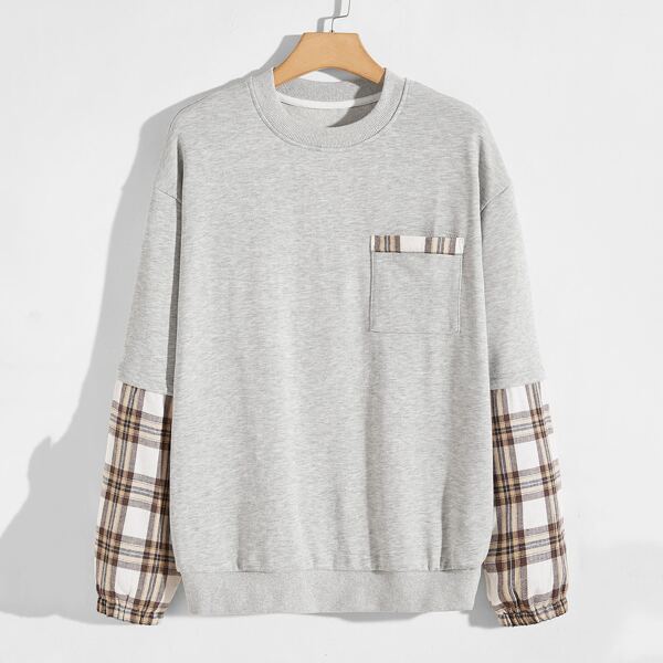 

Men Contrast Plaid Drop Shoulder Sweatshirt, Light grey