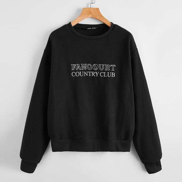 

Drop Shoulder Embroidered Letter Fleece Pullover, Black