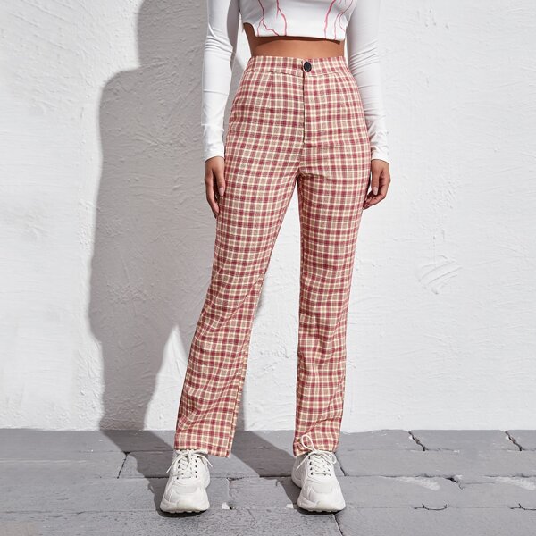 

High Waist Tartan Straight Leg Pants, Multicolor