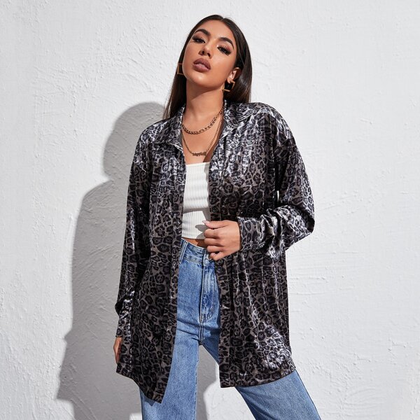 

Leopard Drop Shoulder Velvet Coat, Multicolor