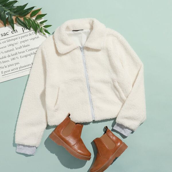 

Zip Up Pocket Side Teddy Jacket, White
