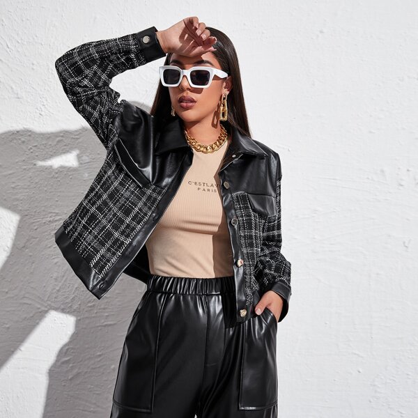 

Drop Shoulder Mixed Media Plaid Jacket, Black