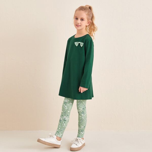 

Girls Bow Front Top & Floral Leggings Set, Green
